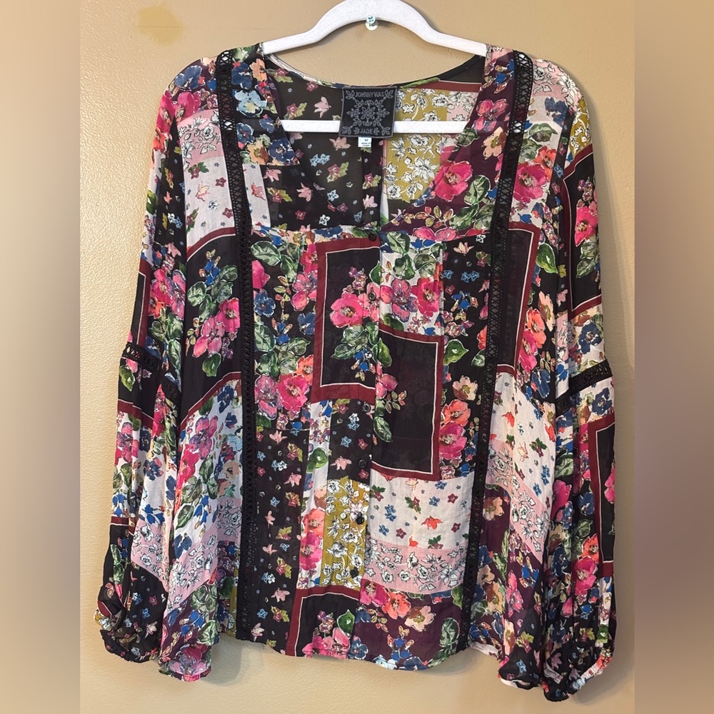 Lace Flowy Lightweight Black Pink Floral Top